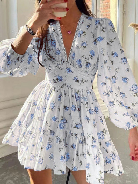 Floral Lace Deep V-neck Waist Puff Sleeve Sweet Mini&Short Dresses