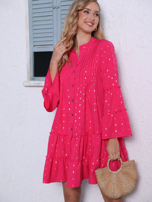 Hot Stamping Crimp Flare Sleeve Buttons Mini&Short Dresses