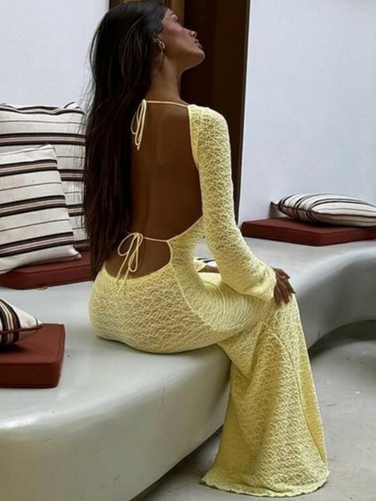 Backless Tie Crew Neck Flare Sleeve Maxi Dresses