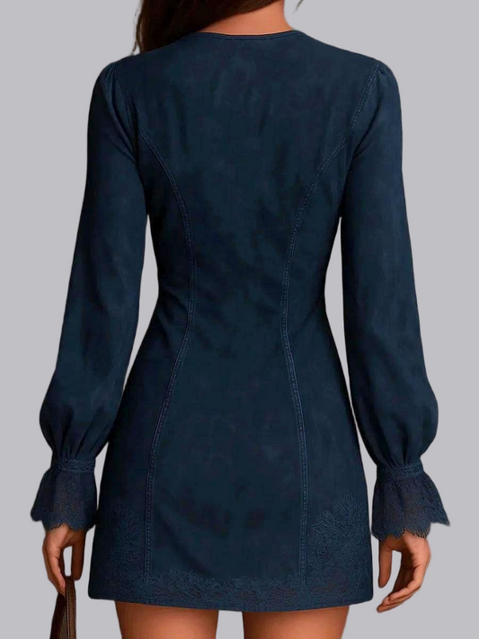 Zipper Lace Trim V-neck Long Sleeve Mini&Short Dresses