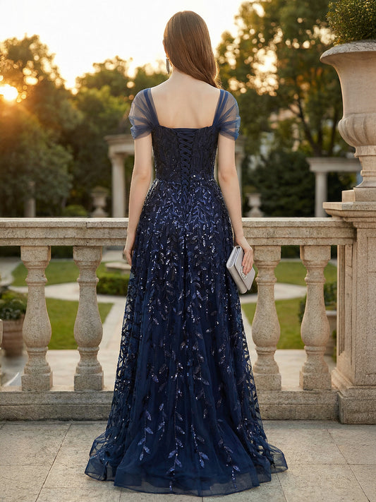 Deep Blue Sequin Maxi Prom Dress with Sweetheart Neckline and Off-shoulder For Summer 2026