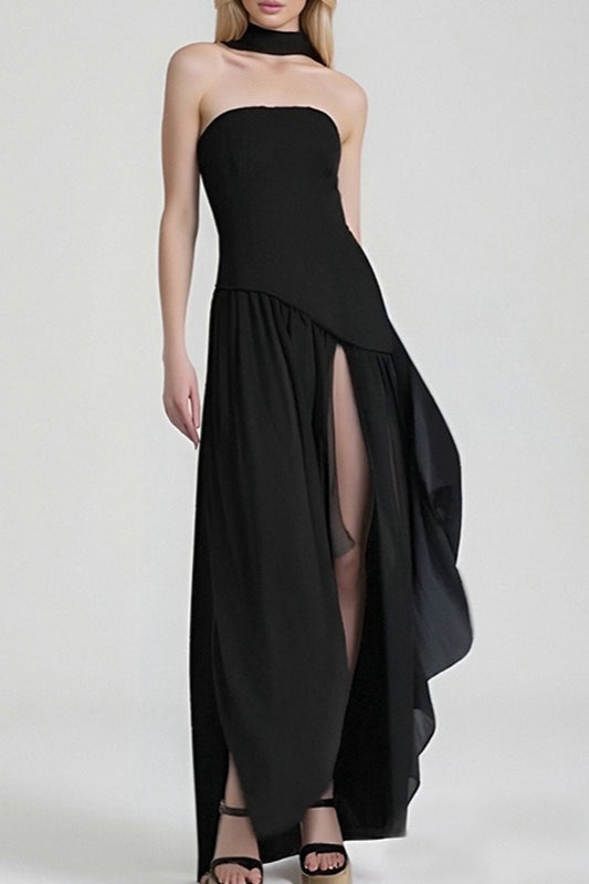 Solid Bustier High Slit Formal Dress