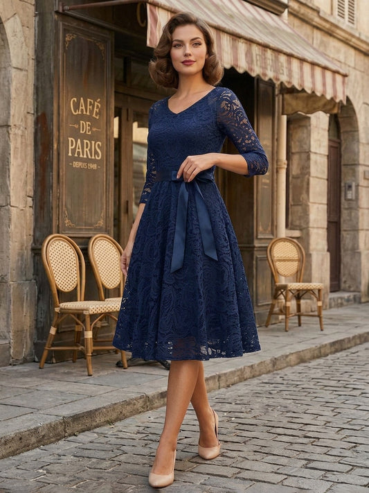 Vintage Lace Swing Dress for Women - 1950s V Neck 3/4 Sleeve Belted A-Line Midi Dress - Spring Wedding Guest 2026