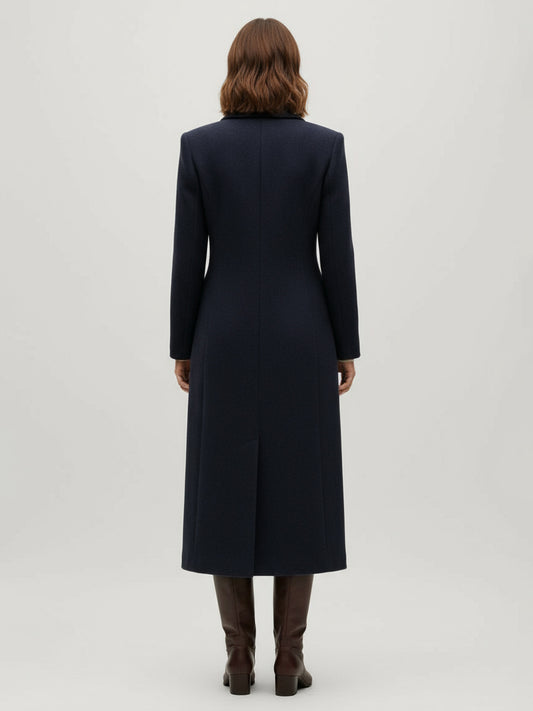 Woolen Double-Breasted Long Coat With Notch Lapel And Flap Pockets For Women 2026