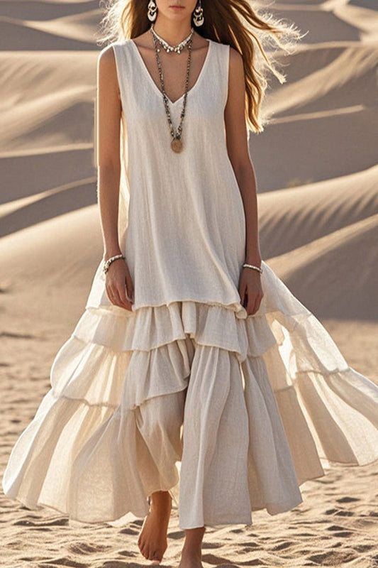 Linen Blend V-neck Sleeveless Loose Full Hem Midi Dress