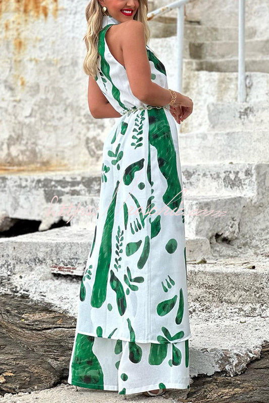 Sarasota Doodle Print Center Front Split Midi Top and Elastic Waist Pants Set