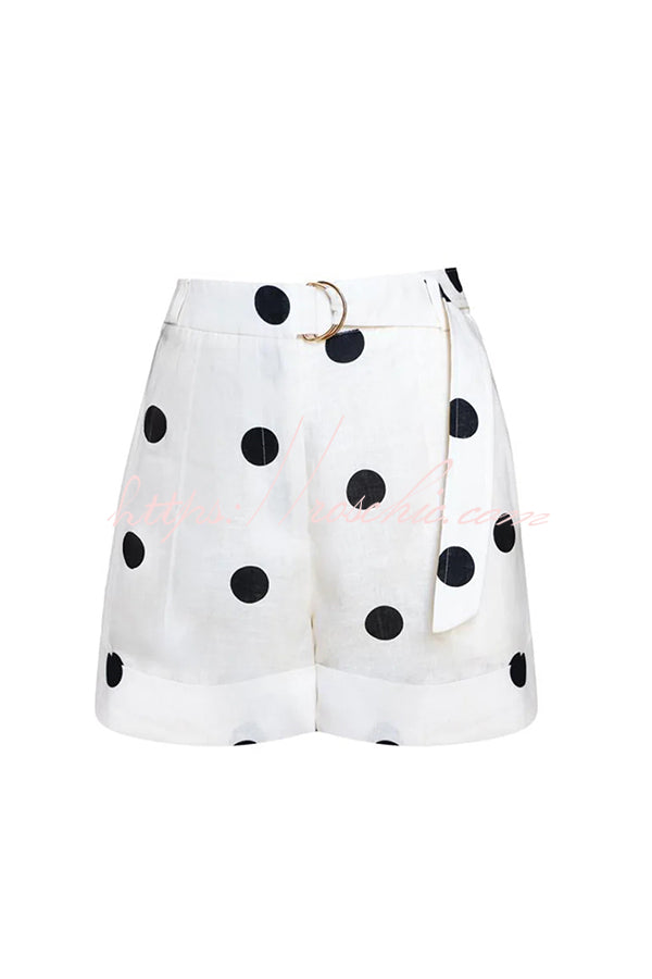 Gabby Linen Blend Polka Dot Tie-up Lapel Halter Vest and Metal Ring Belt Loose Shorts Set