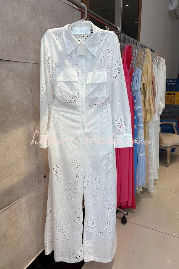 Vivi Embroidered Lace Cutout Long Sleeve Pocket Elastic Waist Loose Shirt Jumpsuit