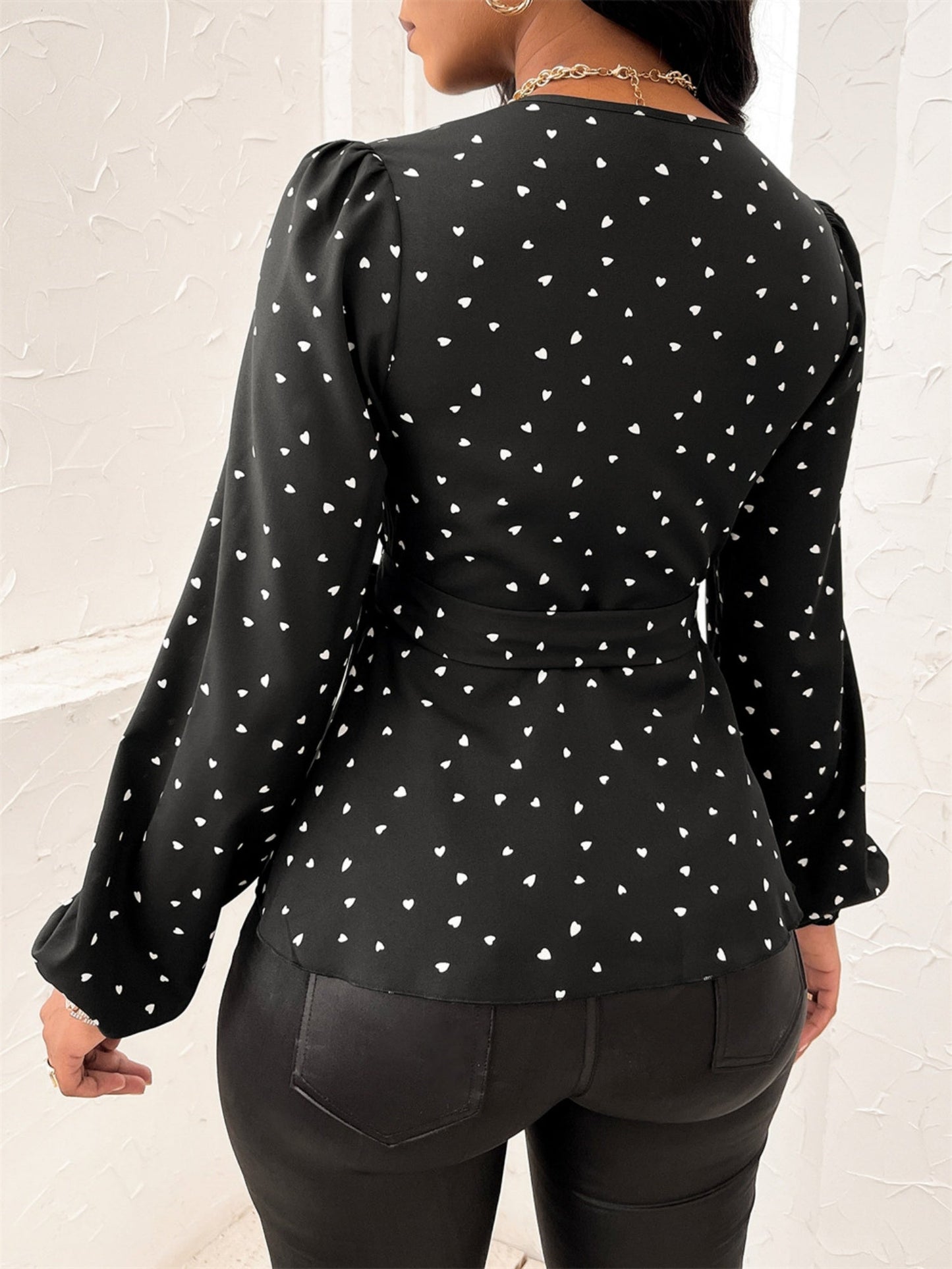 V-neck Heart-shaped Print Cross Neck Straps Blouse