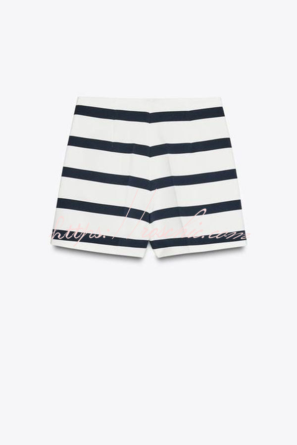 Logbook Stripe Button Shoulder T-Shirt and High-Rise Pocketed Loose Shorts Set