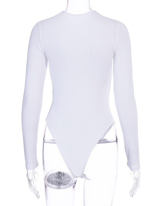 Bodysuit Light Apricot Long Sleeves Piping Stretch Notched Neckline Sexy Cotton Top For Women