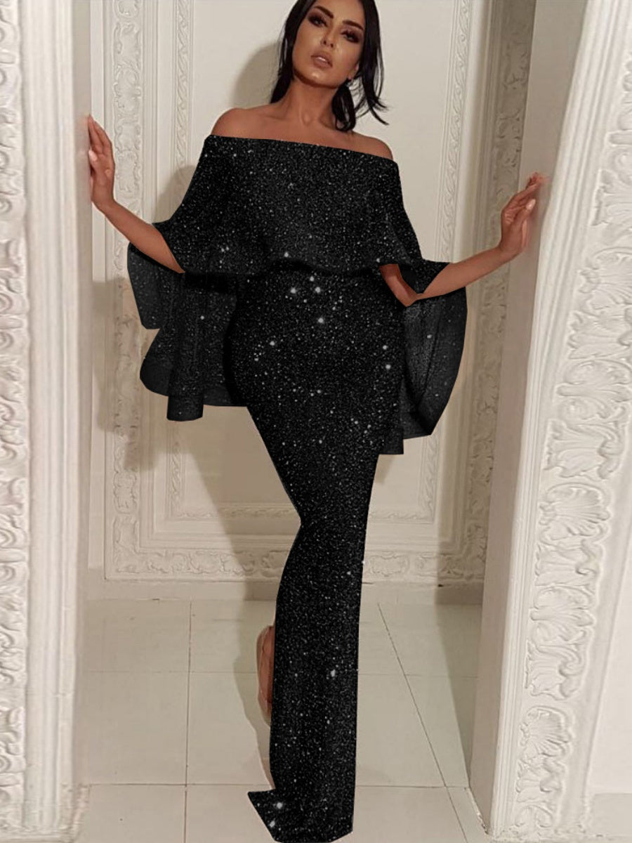 Ruffled One-shoulder Dress Sequins Maxi Dresses