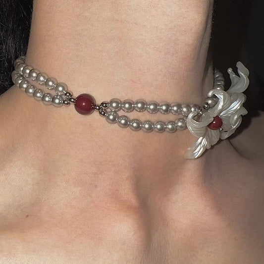 Iris Flower Silver Pearl NeckLace