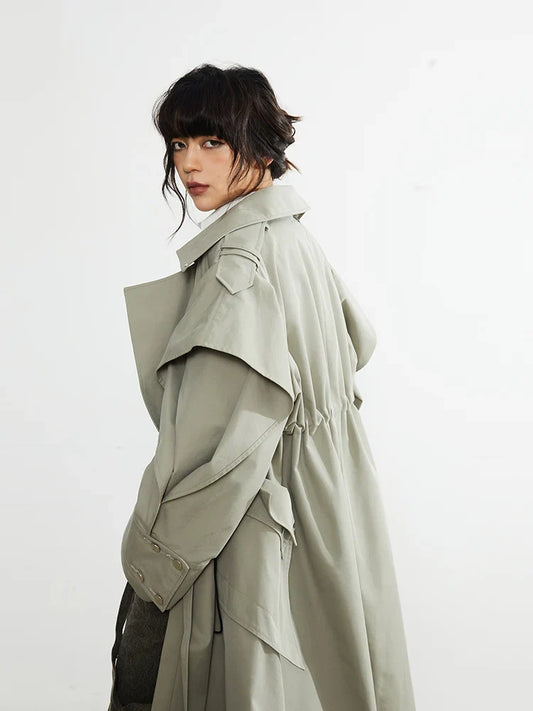 Plus Size Elegant Long Drawstring Waist Double Breasted Luxury Designer Stylish Coat