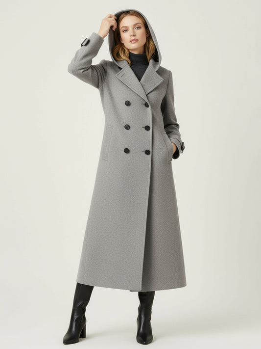Hooded Double-Breasted Long Woolen Coat With Cuff Tabs For Women 2026