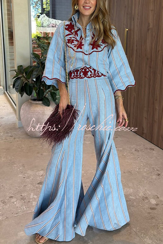 Delirio Linen Blend Floral Embroidery and Stripes Print Bell Sleeve Tie-up Blouse