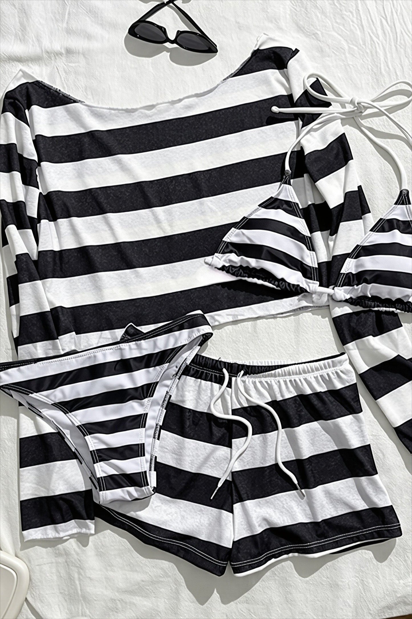 Striped Cover Up Four Piece Bikini Set