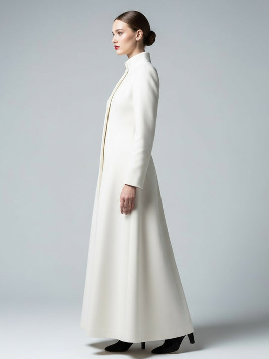 White Woolen Full-Length Coat With Stand Collar And A-Line Silhouette For Women 2026