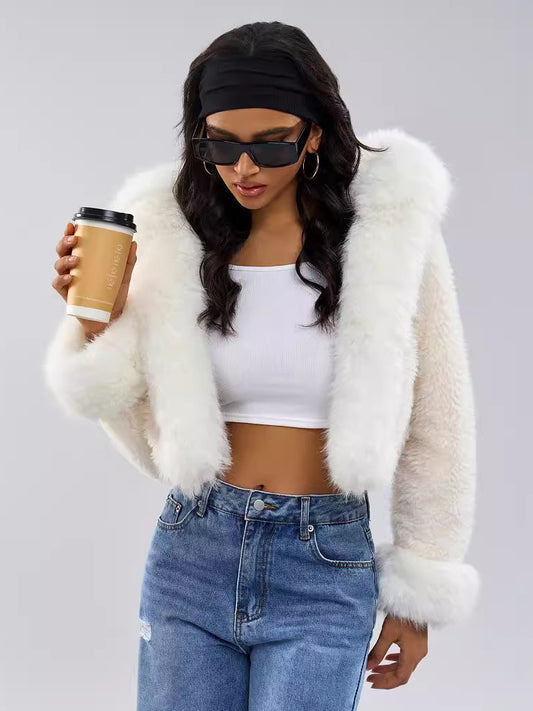 Hooded Faux Fur Coat In White Eco-friendly Winter Cropped Jacket For Women 2026