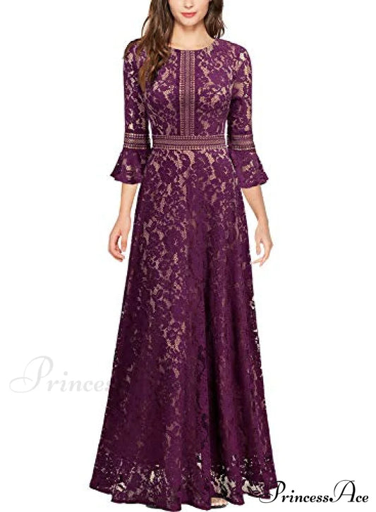 Vintage Full Lace Contrast Bell Sleeve Formal Long Dress