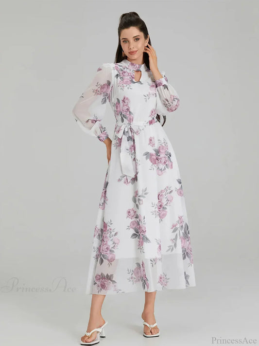 Elegant Floral Print Chiffon Long Lantern Sleeve Tie Waist Floral Dress