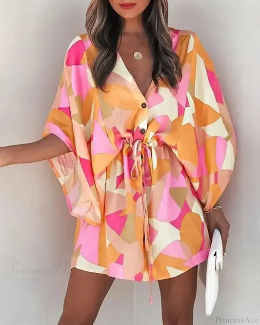 European Fashion Print V-neck Vacation Dress