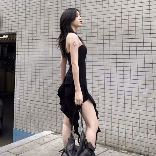 Black Irregular Backless Off Shoulder Dress