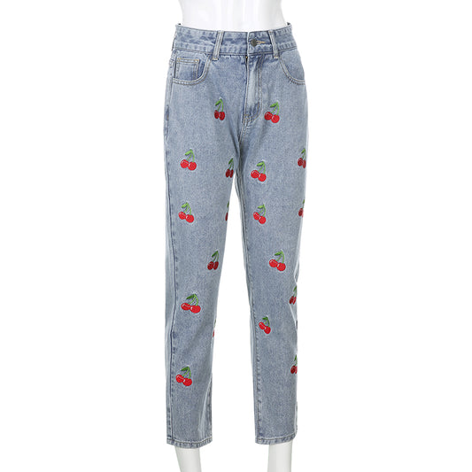 Cute Sweet Vintage Cherry Embroidery Light Washed Blue Denim Jeans High Waisted Cargo Slim Bottom E-Girl Kawaii Korean Japanese Harajuku Streetwear