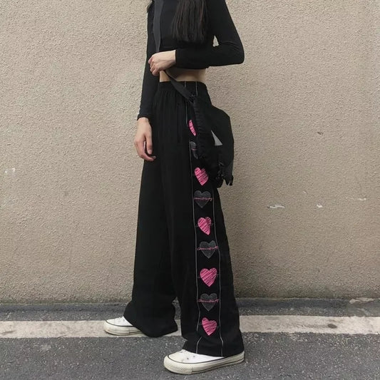 Black Heart Print Wide Leg Trousers