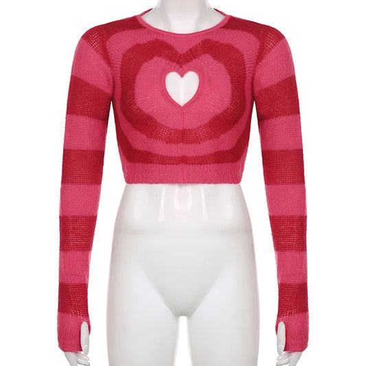 Cute Pink Heart Shape Hollow Out Long Sleeve O-neck Sweater Knit Pullover Aesthetic Casual E-Girl Kawaii Korean Japanese Harajuku