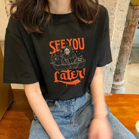 Cute Grim Reaper Death Cartoon Print Goth Short Sleeve Shirt Tee T-shirt E-Girl Kawaii Korean Japanese Harajuku Chinese Retro Streetwear Aesthetic