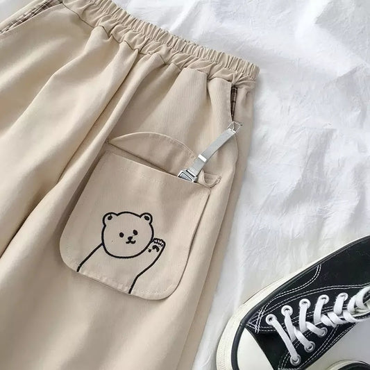Cute Black Khaki Bear Embroidery Wide Leg Pants Women Casual High Waisted Loose Long Straight Bottom E-Girl Kawaii Korean Japanese Harajuku Streetwear