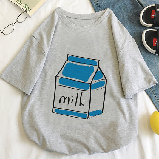 Cute Aesthetic Milk Carton Box Graphic Cartoon Print Loose Short Sleeve Short T-shirt Top Casual E-Girl Kawaii Korean Japanese Harajuku Streetwear
