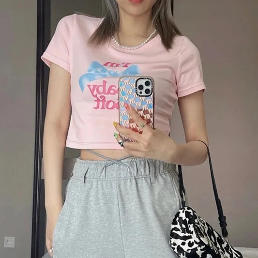 Pink Bow Print Crop Top