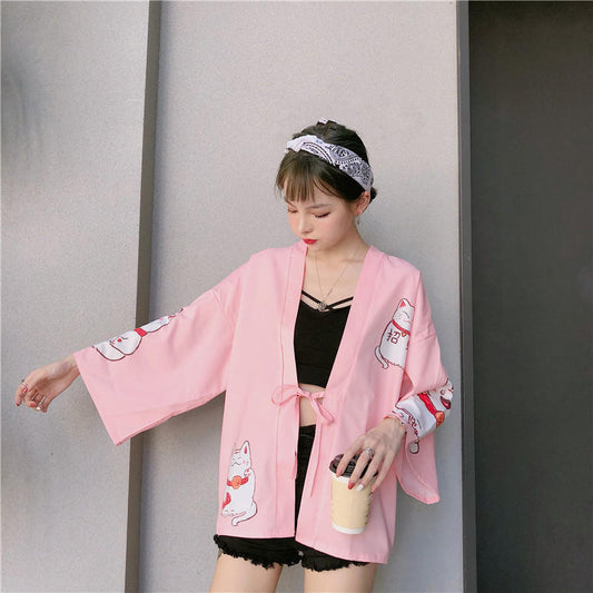 Pink Cat Blouse Kimono Cardigan Cartoon Print Loose Blouse Long Sleeve Shirt T-shirt Top E-Girl Kawaii Korean Japanese Harajuku Streetwear