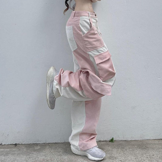 Pink Contrast Patchwork Cargo Pants