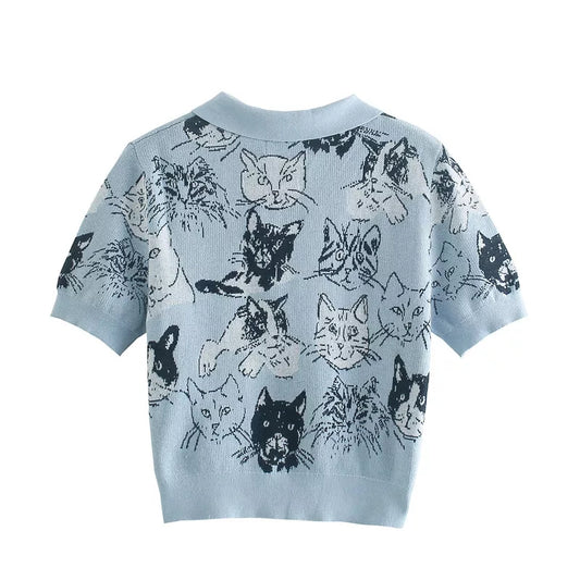 Blue Cat Knit Short Sleeve Shirt
