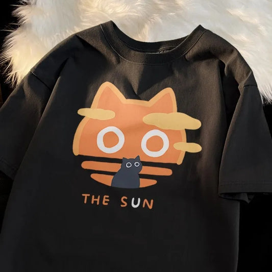 Cat Cartoon Sun Moon Print Short Sleeve T-shirt