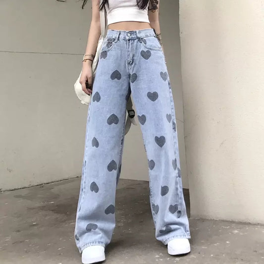 Cute Heart Denim Blue Loose High Waisted Straight Leg Flare Jeans Pants Aesthetic Casual Summer E-Girl Kawaii Korean Japanese Harajuku
