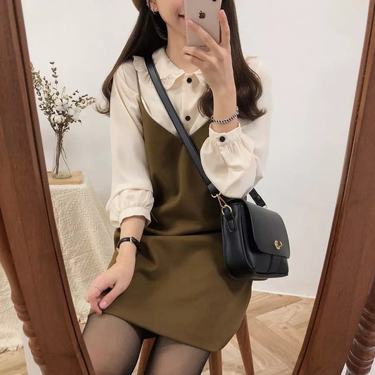 Cute 2pcs Summer Preppy White Ruffle Peterpam Collar Black Vintage V Dress E-Girl Kawaii Korean Japanese Harajuku Retro Streetwear