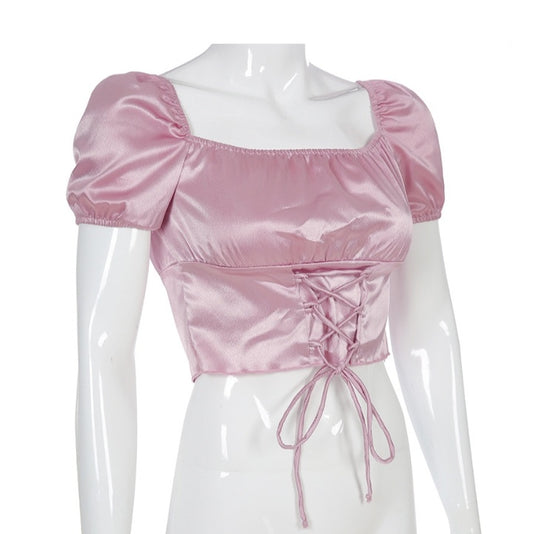 Cute Vintage Pink Silky Satin Short Sleeve Shirt Crop Top Lace Up Elegant Aesthetic Casual Summer E-Girl Kawaii Korean Japanese Harajuku