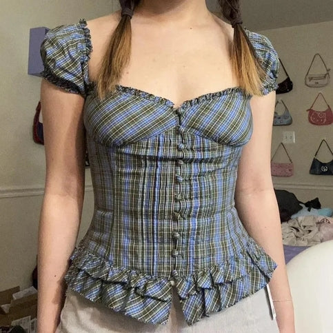 Plaid Milkmaid Ruffle Puff Sleeve Top