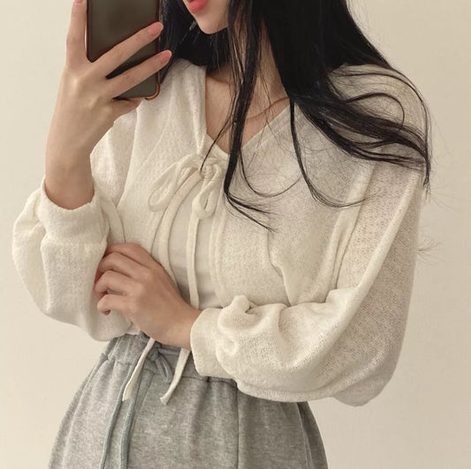 White Thin Lantern Long Sleeve Cardigan