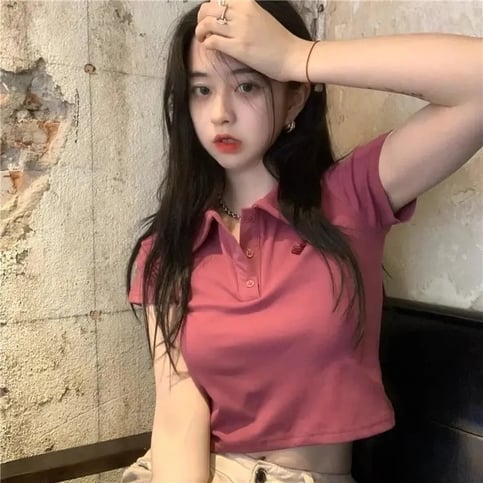 Pink Polo Short Sleeve Crop Top