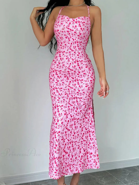 Floral Tied Backless Halter Split Floral Dress