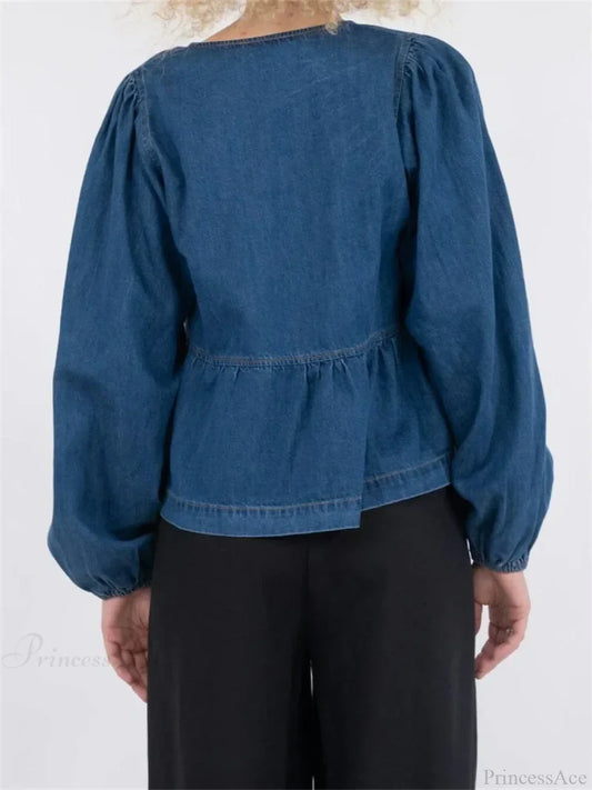 Lace-Up Denim V-neck Blouse