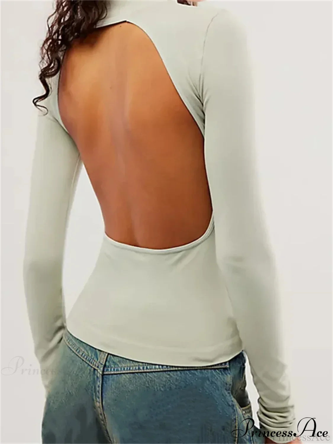 Long Sleeve High Neck Backless Slim Fit Solid Color T-Shirts