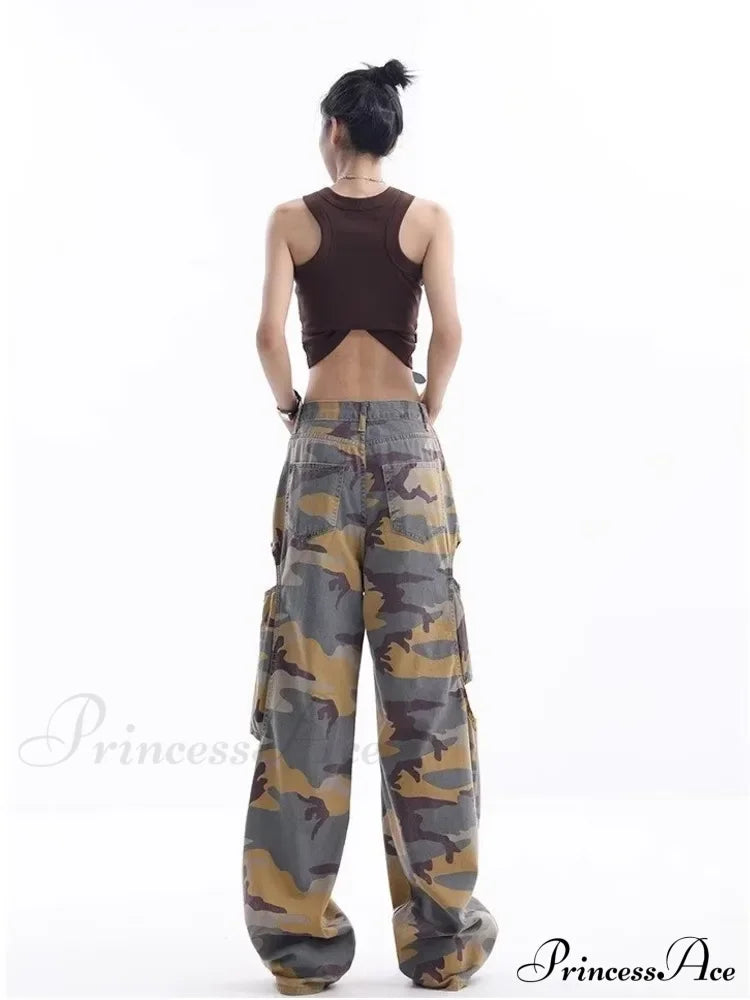 Loose Splashed Ink Speaker Camouflage Pants Trendy Hip-Hop Vintage Versatile Work Clothes Pants Wide Leg Pants Women's Jean