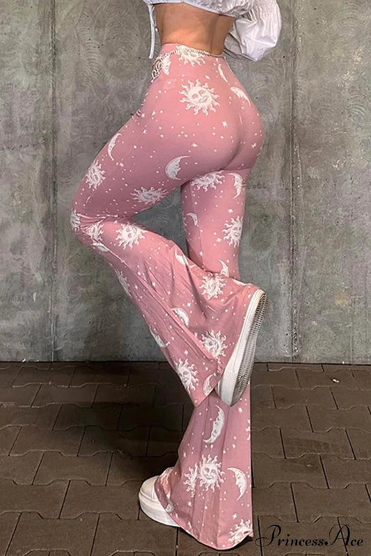 Pink Abstract Print Flares Pants