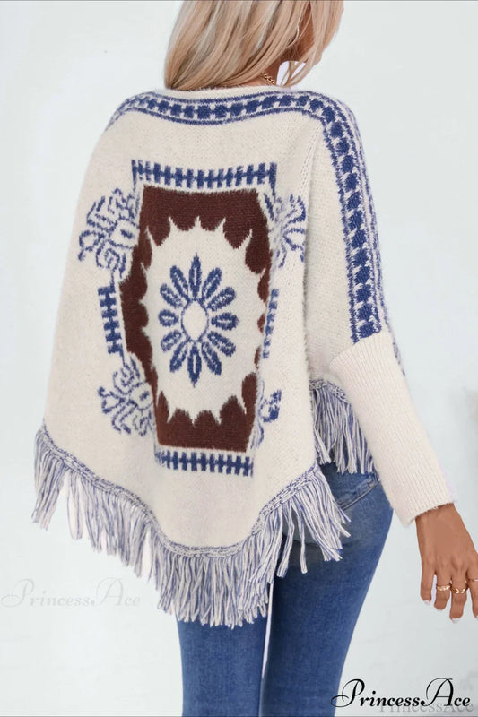 Pullover Knit Ethnic Long Sleeve Blouse